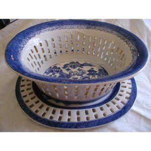 Large Canton Chinese Export Blue & White Reticulated Basket & Underplate Repro.